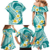 Plumeria Polynesian Teal Glitter Pattern Family Matching Mermaid Dress and Hawaiian Shirt LT01 - Polynesian Pride