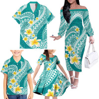Plumeria Polynesian Teal Glitter Pattern Family Matching Off The Shoulder Long Sleeve Dress and Hawaiian Shirt LT01 - Polynesian Pride
