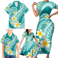 Plumeria Polynesian Teal Glitter Pattern Family Matching Short Sleeve Bodycon Dress and Hawaiian Shirt LT01 - Polynesian Pride