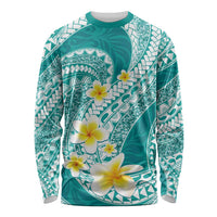 Plumeria Polynesian Teal Glitter Pattern Long Sleeve Shirt