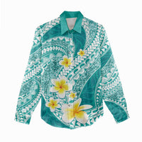 Plumeria Polynesian Teal Glitter Pattern Women Casual Shirt