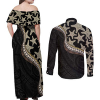 Beige Polynesian Starfish Unique Pattern Couples Matching Off Shoulder Maxi Dress and Long Sleeve Button Shirt