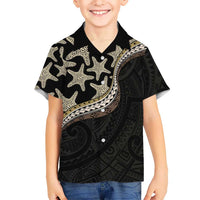 Beige Polynesian Starfish Unique Pattern Family Matching Off Shoulder Short Dress and Hawaiian Shirt