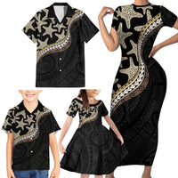 Beige Polynesian Starfish Unique Pattern Family Matching Short Sleeve Bodycon Dress and Hawaiian Shirt