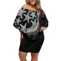 Monotone Polynesian Starfish Unique Pattern Family Matching Off Shoulder Short Dress and Hawaiian Shirt
