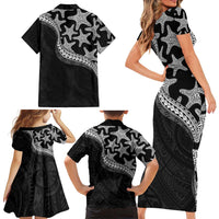 Monotone Polynesian Starfish Unique Pattern Family Matching Short Sleeve Bodycon Dress and Hawaiian Shirt