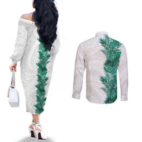 Hawaii Tropical Leaves Couples Matching Off The Shoulder Long Sleeve Dress and Long Sleeve Button Shirt Polynesian Pattern