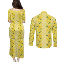 Hawaii Lemon Palaka Couples Matching Puletasi and Long Sleeve Button Shirt Striped Stylized