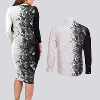 Hawaii Tropical Plant Monochrome Couples Matching Long Sleeve Bodycon Dress and Long Sleeve Button Shirt Vibrant Polynesian Pattern