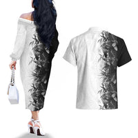Hawaii Tropical Plant Monochrome Couples Matching Off The Shoulder Long Sleeve Dress and Hawaiian Shirt Vibrant Polynesian Pattern LT01 - Polynesian Pride