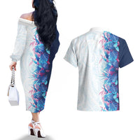 Hawaii Tropical Plant UliUli Couples Matching Off The Shoulder Long Sleeve Dress and Hawaiian Shirt Vibrant Polynesian Pattern
