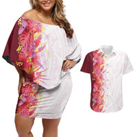 Hawaii Tropical Plant Akala Couples Matching Off Shoulder Short Dress and Hawaiian Shirt Vibrant Polynesian Pattern
