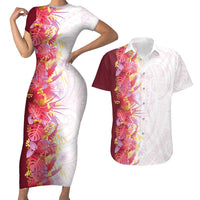 Hawaii Tropical Plant Akala Couples Matching Short Sleeve Bodycon Dress and Hawaiian Shirt Vibrant Polynesian Pattern