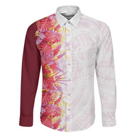 Hawaii Tropical Plant Akala Family Matching Off Shoulder Maxi Dress and Hawaiian Shirt Vibrant Polynesian Pattern LT01 Dad's Shirt - Long Sleeve Pink - Polynesian Pride