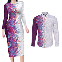 Hawaii Tropical Plant Poni Couples Matching Long Sleeve Bodycon Dress and Long Sleeve Button Shirt Vibrant Polynesian Pattern