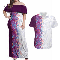 Hawaii Tropical Plant Poni Couples Matching Off Shoulder Maxi Dress and Hawaiian Shirt Vibrant Polynesian Pattern
