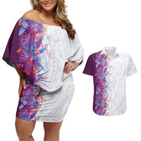 Hawaii Tropical Plant Poni Couples Matching Off Shoulder Short Dress and Hawaiian Shirt Vibrant Polynesian Pattern
