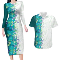Hawaii Tropical Plant Teal Couples Matching Long Sleeve Bodycon Dress and Hawaiian Shirt Vibrant Polynesian Pattern