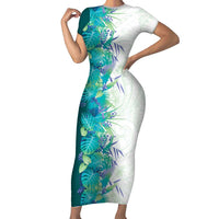 Hawaii Tropical Plant Teal Family Matching Short Sleeve Bodycon Dress and Hawaiian Shirt Vibrant Polynesian Pattern LT01 Mom's Dress Teal - Polynesian Pride