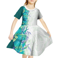 Hawaii Tropical Plant Teal Kid Short Sleeve Dress Vibrant Polynesian Pattern
