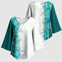Hawaii Tropical Plant Teal Kimono Sleeve Blouse Vibrant Polynesian Pattern