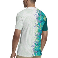 Hawaii Tropical Plant Teal Rugby Jersey Vibrant Polynesian Pattern