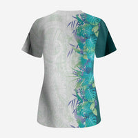 Hawaii Tropical Plant Teal Scrub Top Vibrant Polynesian Pattern