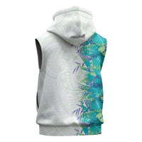 Hawaii Tropical Plant Teal Sleeveless Hoodie Vibrant Polynesian Pattern