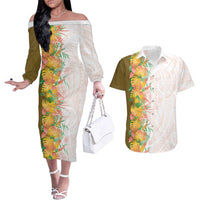 Hawaii Tropical Plant Lenalena Couples Matching Off The Shoulder Long Sleeve Dress and Hawaiian Shirt Vibrant Polynesian Pattern LT01 Yellow - Polynesian Pride