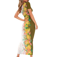 Hawaii Tropical Plant Lenalena Short Sleeve Bodycon Dress Vibrant Polynesian Pattern