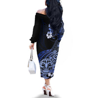 Aotearoa Kia Ora New Zealand Ta Moko Blue Version Family Matching Off Shoulder Long Sleeve Dress and Hawaiian Shirt LT01 - Polynesian Pride