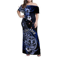 Aotearoa Kia Ora New Zealand Ta Moko Blue Version Family Matching Off Shoulder Maxi Dress and Hawaiian Shirt LT01 Mom's Dress Blue - Polynesian Pride