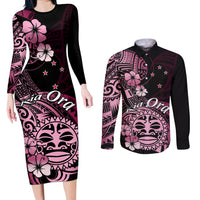 Aotearoa Kia Ora New Zealand Ta Moko Pink Version Couples Matching Long Sleeve Bodycon Dress and Long Sleeve Button Shirt LT01 Pink - Polynesian Pride