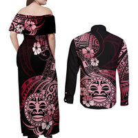 Aotearoa Kia Ora New Zealand Ta Moko Red Version Couples Matching Off Shoulder Maxi Dress and Long Sleeve Button Shirt LT01 - Polynesian Pride