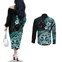 Aotearoa Kia Ora New Zealand Ta Moko Turquoise Version Couples Matching Off The Shoulder Long Sleeve Dress and Long Sleeve Button Shirt LT01 - Polynesian Pride