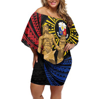 Personalized Lapulapu The First Filipino Hero Family Matching Off Shoulder Short Dress and Hawaiian Shirt Polynesian Pattern LT01 Mom's Dress Black - Polynesian Pride