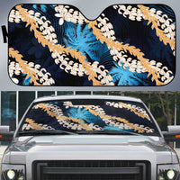 Puakenikeni Maile Lei Auto Sun Shade Frangipani Blue Tropical Leaves