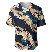 Puakenikeni Maile Lei Baseball Jersey Frangipani Blue Tropical Leaves