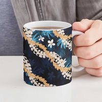Puakenikeni Maile Lei Ceramic Mug Frangipani Blue Tropical Leaves