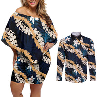 Puakenikeni Maile Lei Couples Matching Off Shoulder Short Dress and Long Sleeve Button Shirt Frangipani Blue Tropical Leaves LT01 Blue - Polynesian Pride