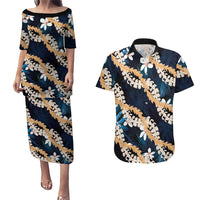 Puakenikeni Maile Lei Couples Matching Puletasi and Hawaiian Shirt Frangipani Blue Tropical Leaves LT01 Blue - Polynesian Pride