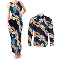 Puakenikeni Maile Lei Couples Matching Tank Maxi Dress and Long Sleeve Button Shirt Frangipani Blue Tropical Leaves LT01 Blue - Polynesian Pride