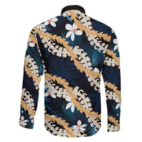 Puakenikeni Maile Lei Family Matching Off The Shoulder Long Sleeve Dress and Hawaiian Shirt Frangipani Blue Tropical Leaves LT01 - Polynesian Pride