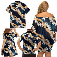 Puakenikeni Maile Lei Family Matching Off Shoulder Short Dress and Hawaiian Shirt Frangipani Blue Tropical Leaves LT01 - Polynesian Pride