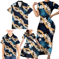 Puakenikeni Maile Lei Family Matching Short Sleeve Bodycon Dress and Hawaiian Shirt Frangipani Blue Tropical Leaves LT01 - Polynesian Pride
