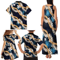 Puakenikeni Maile Lei Family Matching Tank Maxi Dress and Hawaiian Shirt Frangipani Blue Tropical Leaves LT01 - Polynesian Pride