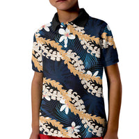 Puakenikeni Maile Lei Kid Polo Shirt Frangipani Blue Tropical Leaves