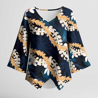 Puakenikeni Maile Lei Kimono Sleeve Blouse Frangipani Blue Tropical Leaves