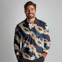 Puakenikeni Maile Lei Long Sleeve Polo Shirt Frangipani Blue Tropical Leaves LT01 - Polynesian Pride