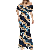 Puakenikeni Maile Lei Mermaid Dress Frangipani Blue Tropical Leaves
